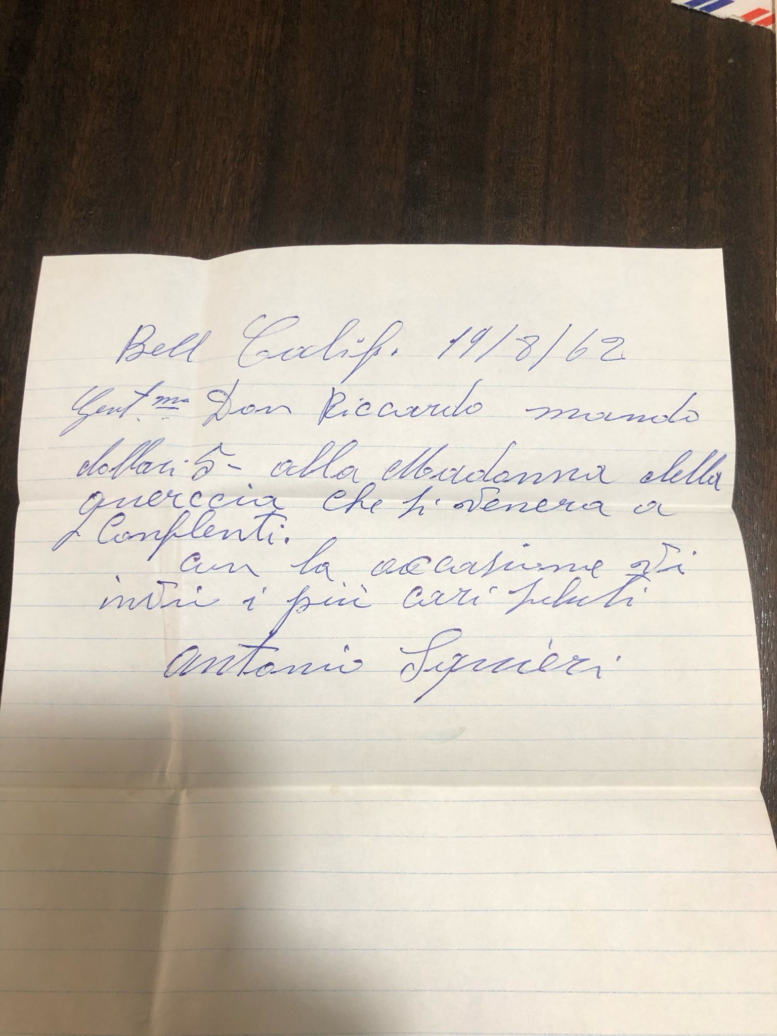 Lettera di Antonio Liguori