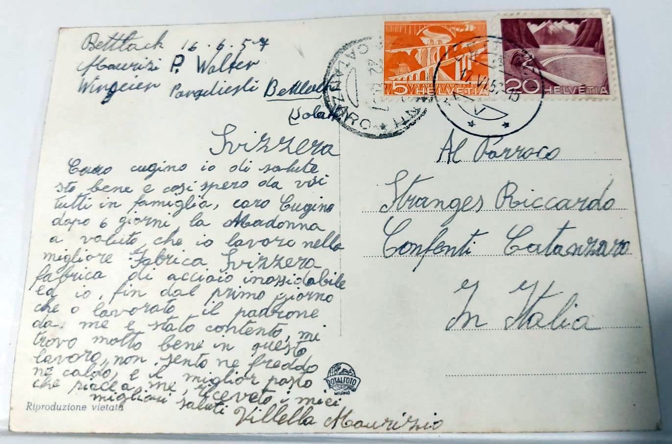 Foto della cartolina inviata da Maurizio Vaccaro al cugino Don Riccardo Stranges in cui comunica la gioia di godere di un buon stato di salute, e soprattutto per aver trovato lavoro, in soli “6 giorni” di permanenza in Svizzera, nella “migliore fabbrica svizzera di acciaio inossidabile”.