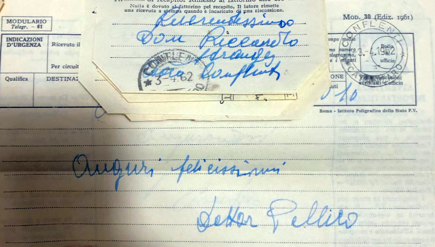 Telegramma inviato a Conflenti contenente messaggio di auguri