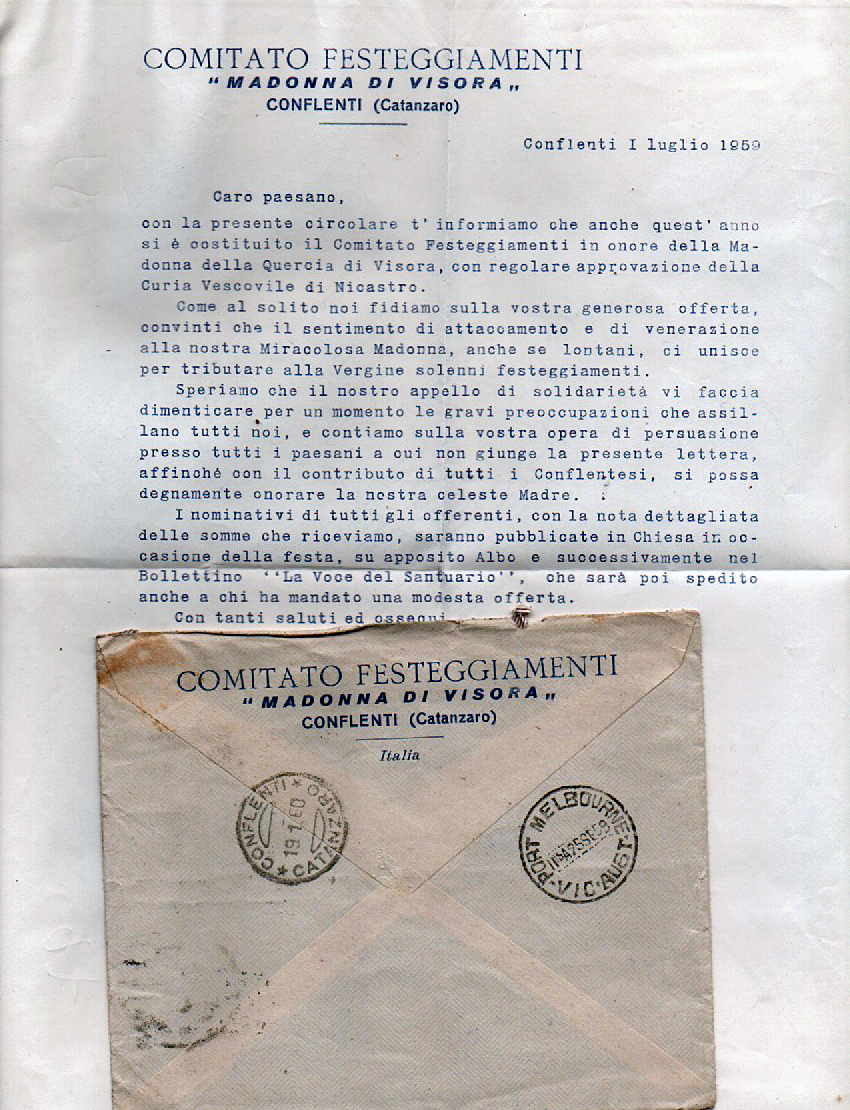 Lettera Comitato Festeggiamenti Madonna di VIsora Conflenti - Catanzaro