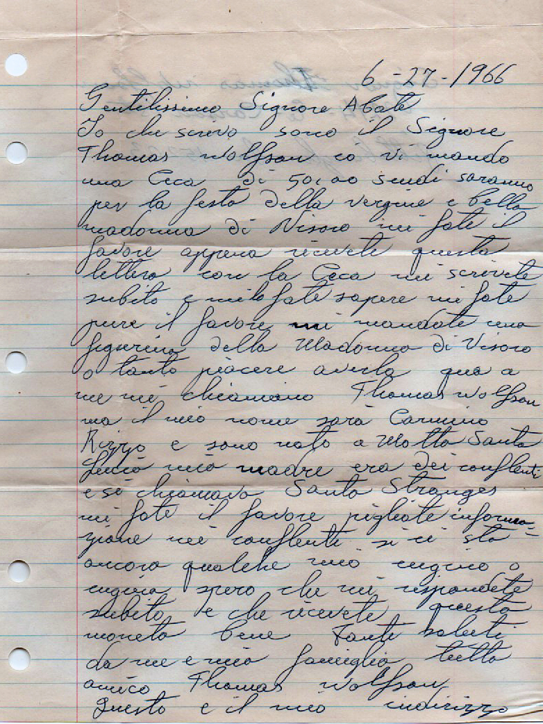 Lettera Tomas Wolfson