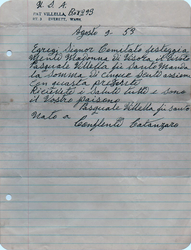 Lettera di Pasquale Villella