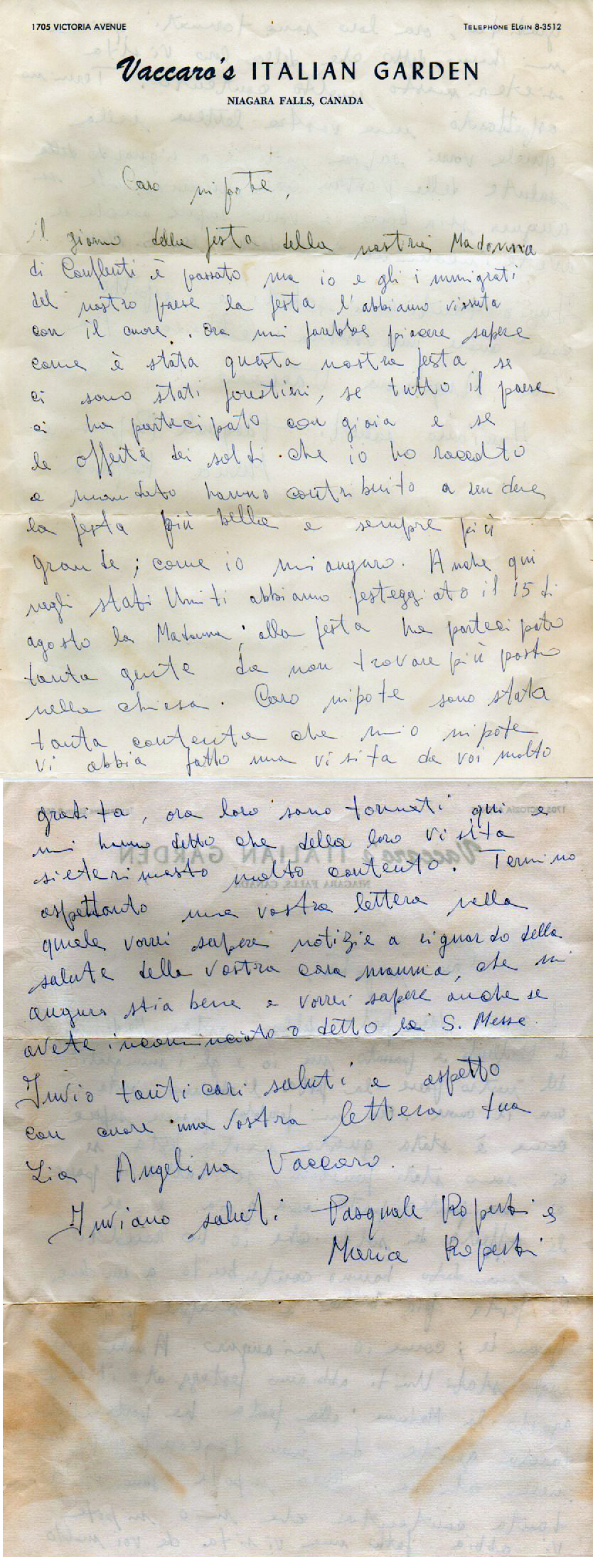 Lettera di Vaccaro Angelina