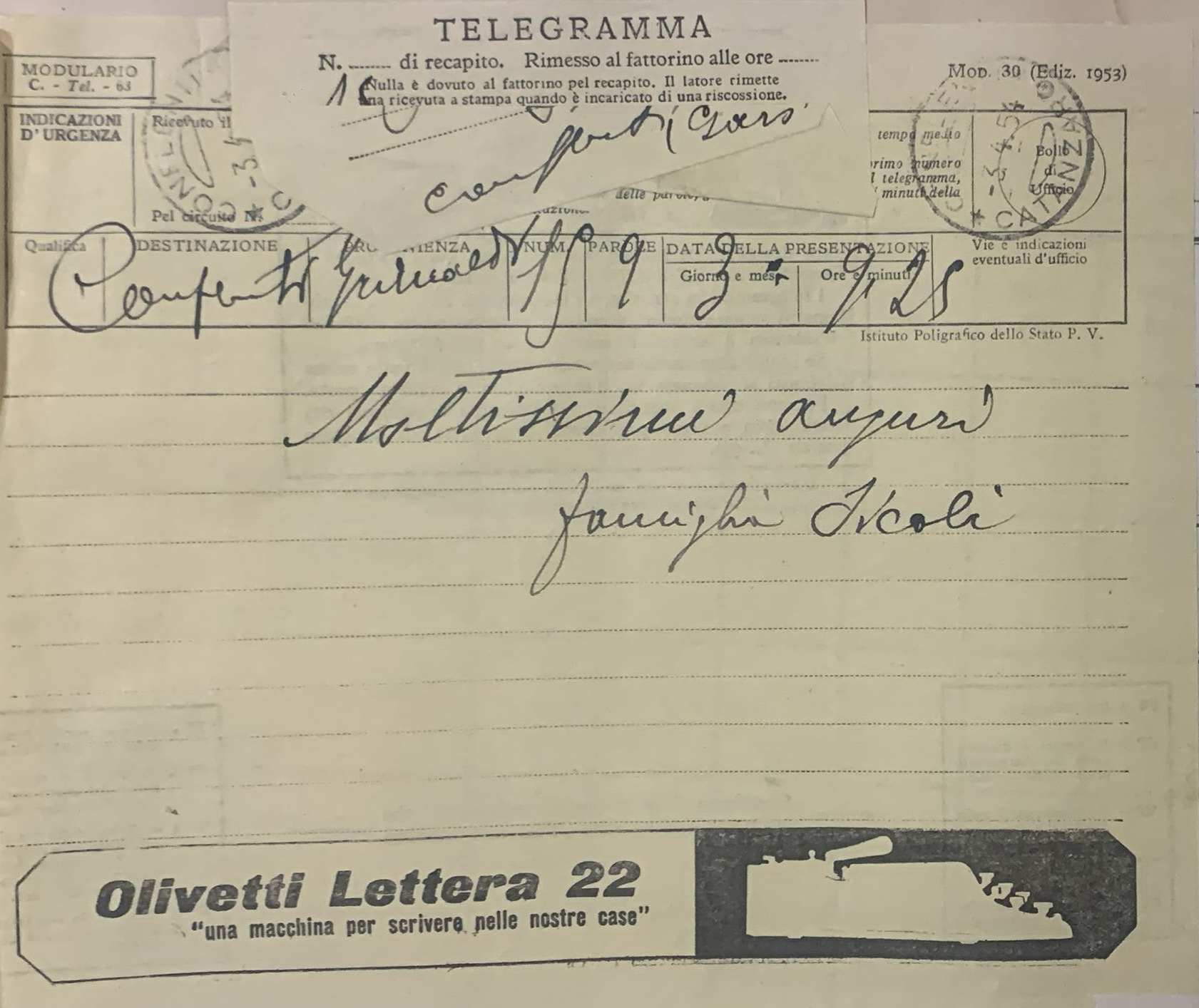 Questo telegramma, inviato dal Canada a Conflenti, comune calabrese in provincia di Catanzaro, reca la scritta "moltissimi auguri famiglia Zicoli".